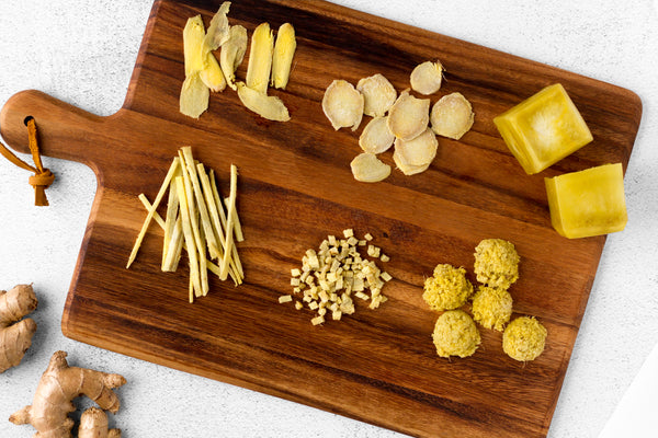 6 Ways to Cut and Freeze Ginger laid out on cutting board