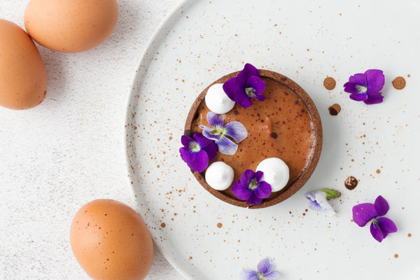 Speckled Cocoa Vanilla Tartlet with Edible Violets